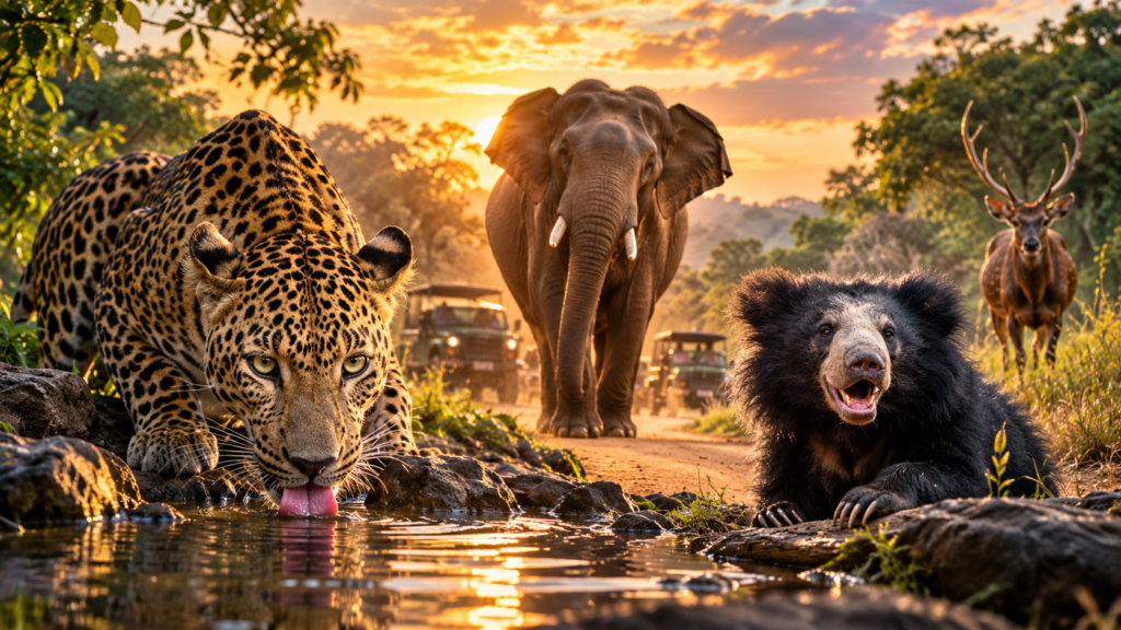 Sri Lankan wildlife safari with leopard, elephant, sloth bear and deer